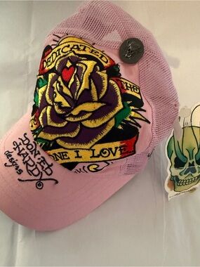 Ed Hardy Pink Trucker Hat Rose Skull Y2K Tattoo Cap NWT